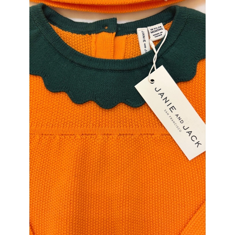 New Janie and Jack Harvest Pumpkin Sweater Romper and Hat Set Orange 18-24 Mo - Picture 2 of 11